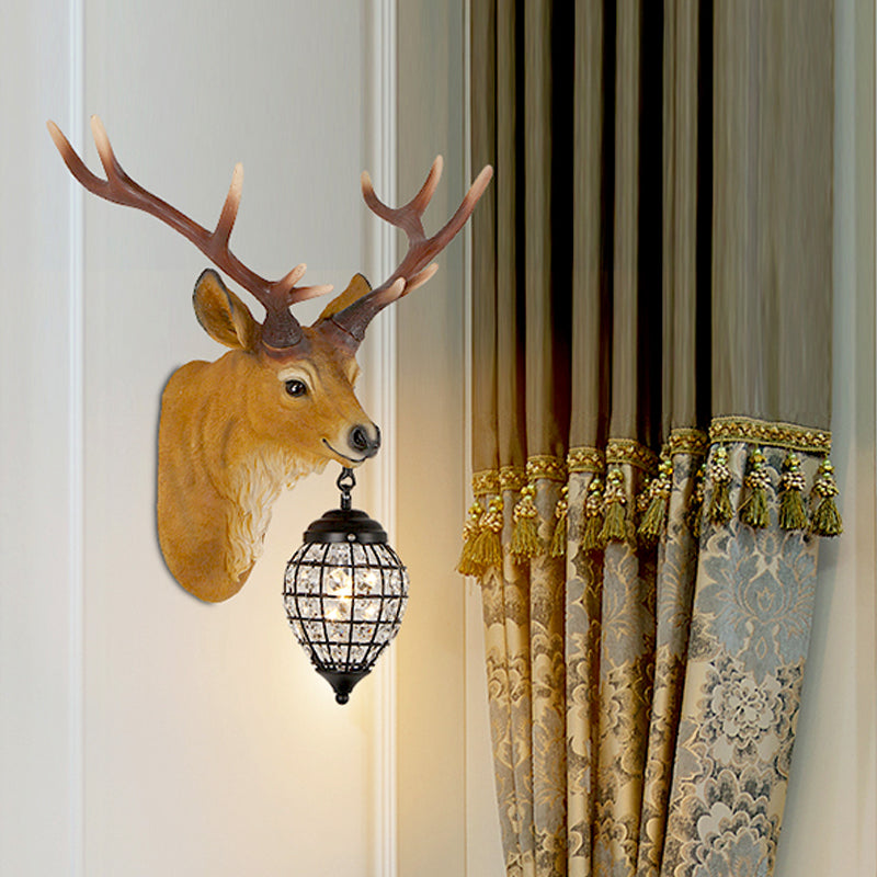 1 Head Wall Sconce Lighting Rustic Elk Resin Wall Mounted Lamp in Brown with Crystal Waterdrop Shade, 14.5