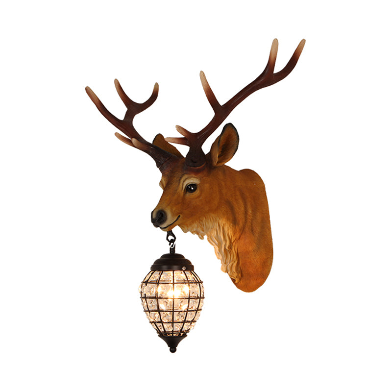 1 Head Wall Sconce Lighting Rustic Elk Resin Wall Mounted Lamp in Brown with Crystal Waterdrop Shade, 14.5