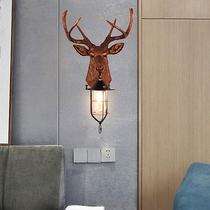 Brown 1 Bulb Wall Mount Lighting Vintage Resin Deer-Head Wall Lamp Sconce with Cage Brown Clearhalo 'Wall Lamps & Sconces' 'Wall Lights' Lighting' 1909014