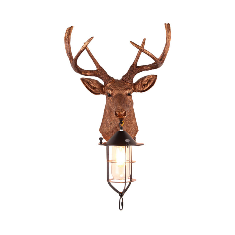 Brown 1 Bulb Wall Mount Lighting Vintage Resin Deer-Head Wall Lamp Sconce with Cage Clearhalo 'Wall Lamps & Sconces' 'Wall Lights' Lighting' 1909015