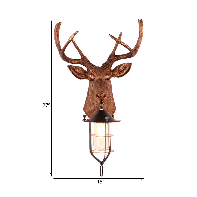 Brown 1 Bulb Wall Mount Lighting Vintage Resin Deer-Head Wall Lamp Sconce with Cage Clearhalo 'Wall Lamps & Sconces' 'Wall Lights' Lighting' 1909016