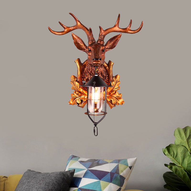 1 Light Wall Sconce Lighting Traditional Deer Head Resin Wall Lamp Fixture in Brown with Cage Clearhalo 'Wall Lamps & Sconces' 'Wall Lights' Lighting' 1909021