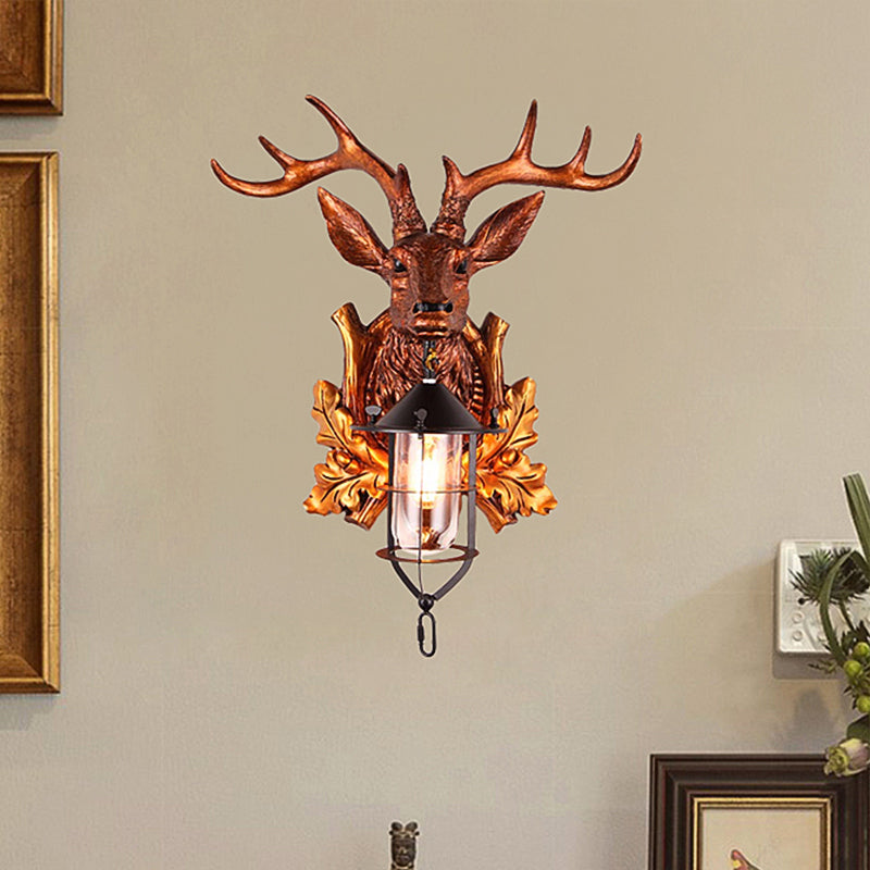 1 Light Wall Sconce Lighting Traditional Deer Head Resin Wall Lamp Fixture in Brown with Cage Brown Clearhalo 'Wall Lamps & Sconces' 'Wall Lights' Lighting' 1909022