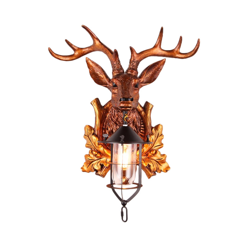 1 Light Wall Sconce Lighting Traditional Deer Head Resin Wall Lamp Fixture in Brown with Cage Clearhalo 'Wall Lamps & Sconces' 'Wall Lights' Lighting' 1909023