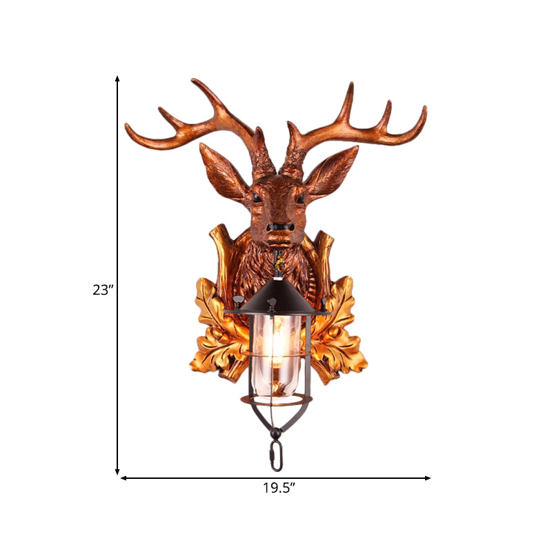 1 Light Wall Sconce Lighting Traditional Deer Head Resin Wall Lamp Fixture in Brown with Cage Clearhalo 'Wall Lamps & Sconces' 'Wall Lights' Lighting' 1909024