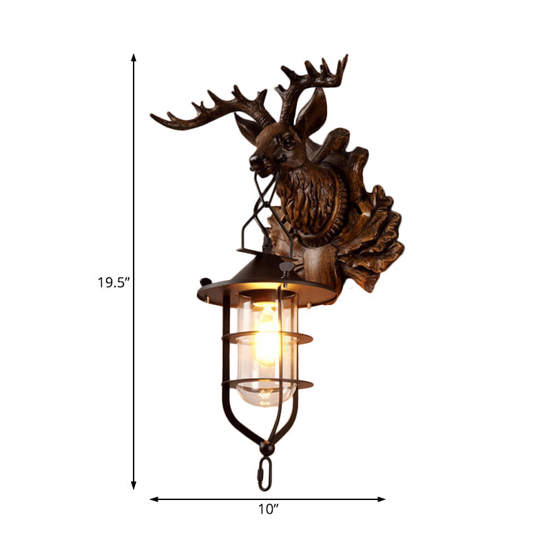 Iron Wire Cage Sconce Countryside 1 Light Living Room Wall Lighting in Black with Resin Deer Head Backplate Clearhalo 'Wall Lamps & Sconces' 'Wall Lights' Lighting' 1909028