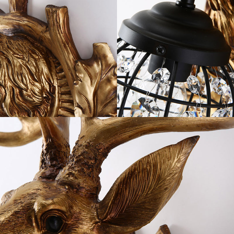 Iron Wire Cage Sconce Countryside 1 Light Living Room Wall Lighting in Black with Resin Deer Head Backplate Clearhalo 'Wall Lamps & Sconces' 'Wall Lights' Lighting' 1909029