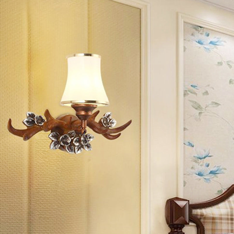 Brown Antler Sconce Lighting Rustic 1-Light Resin Wall Mounted Lamp with Flared Opal Glass Shade Brown Clearhalo 'Wall Lamps & Sconces' 'Wall Lights' Lighting' 1909036