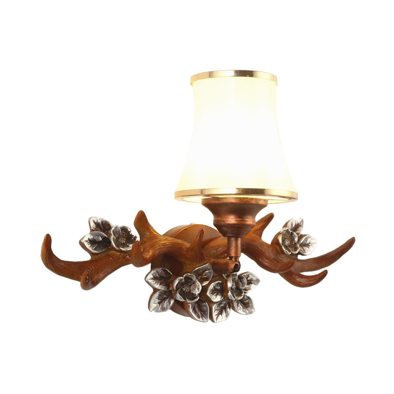 Brown Antler Sconce Lighting Rustic 1-Light Resin Wall Mounted Lamp with Flared Opal Glass Shade Clearhalo 'Wall Lamps & Sconces' 'Wall Lights' Lighting' 1909037