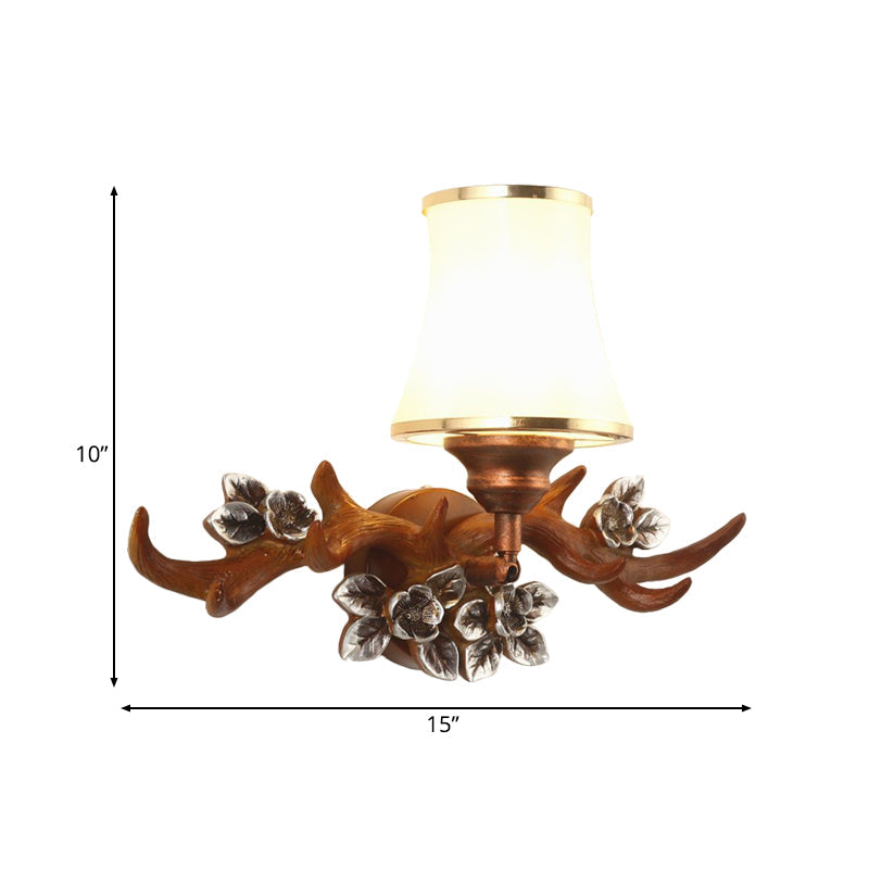 Brown Antler Sconce Lighting Rustic 1-Light Resin Wall Mounted Lamp with Flared Opal Glass Shade Clearhalo 'Wall Lamps & Sconces' 'Wall Lights' Lighting' 1909038