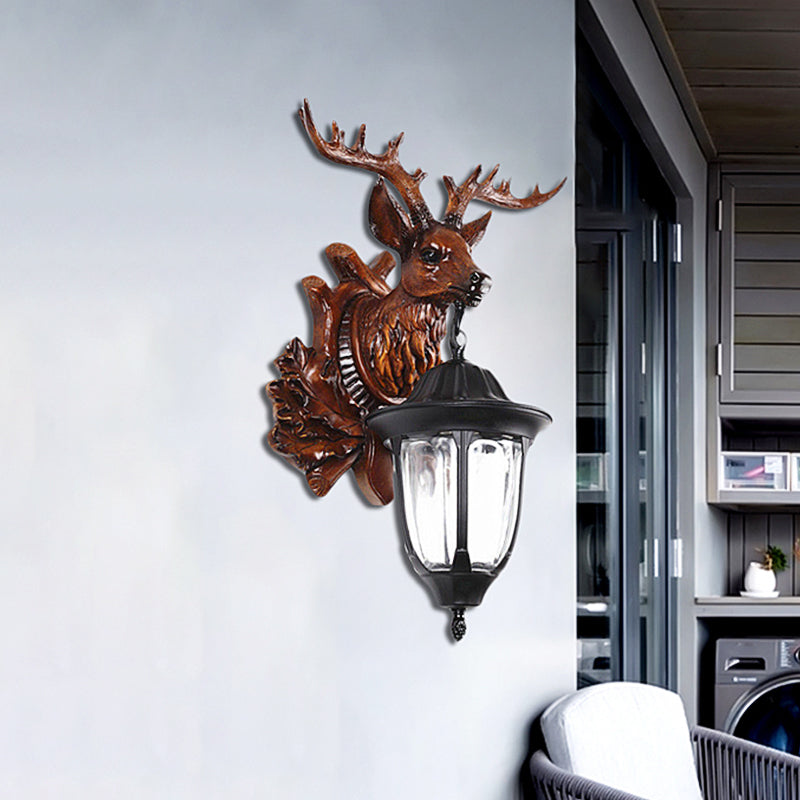 Bronze/Brown Elk Head Wall Mounted Light Farmhouse Resin 1 Head Balcony Sconce Ideas with House Glass Shade Brown Clearhalo 'Wall Lamps & Sconces' 'Wall Lights' Lighting' 1909042