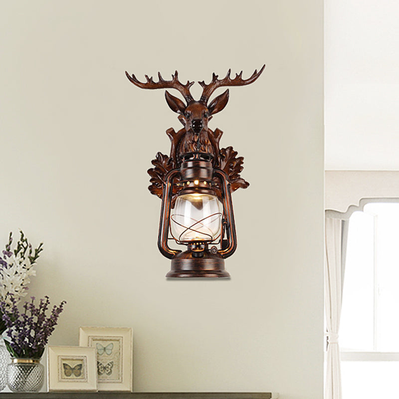 Single Flameless Kerosene Wall Lamp Rustic Style Brown/Bronze Transparent Glass Sconce with Resin Faux Elk Backplate Brown Clearhalo 'Wall Lamps & Sconces' 'Wall Lights' Lighting' 1909046