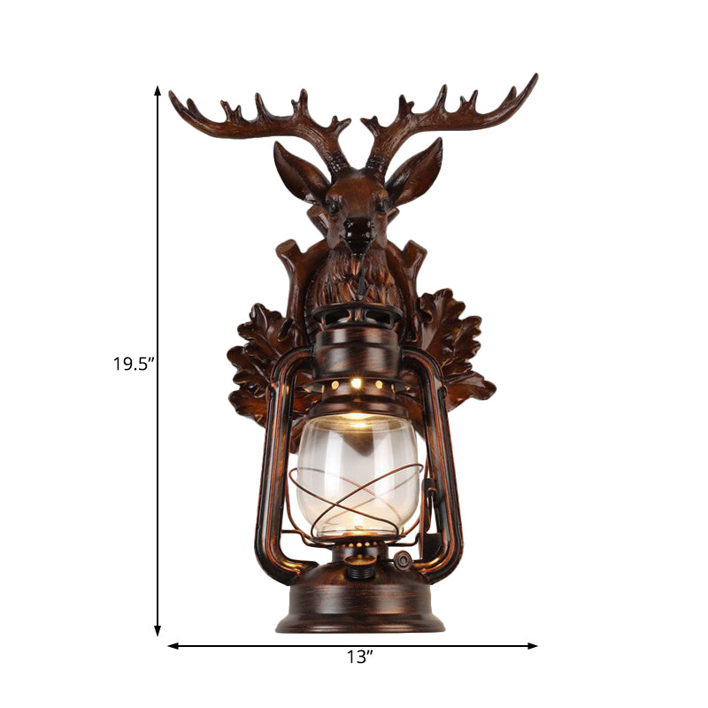 Single Flameless Kerosene Wall Lamp Rustic Style Brown/Bronze Transparent Glass Sconce with Resin Faux Elk Backplate Clearhalo 'Wall Lamps & Sconces' 'Wall Lights' Lighting' 1909048