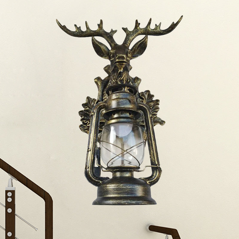 Single Flameless Kerosene Wall Lamp Rustic Style Brown/Bronze Transparent Glass Sconce with Resin Faux Elk Backplate Clearhalo 'Wall Lamps & Sconces' 'Wall Lights' Lighting' 1909050