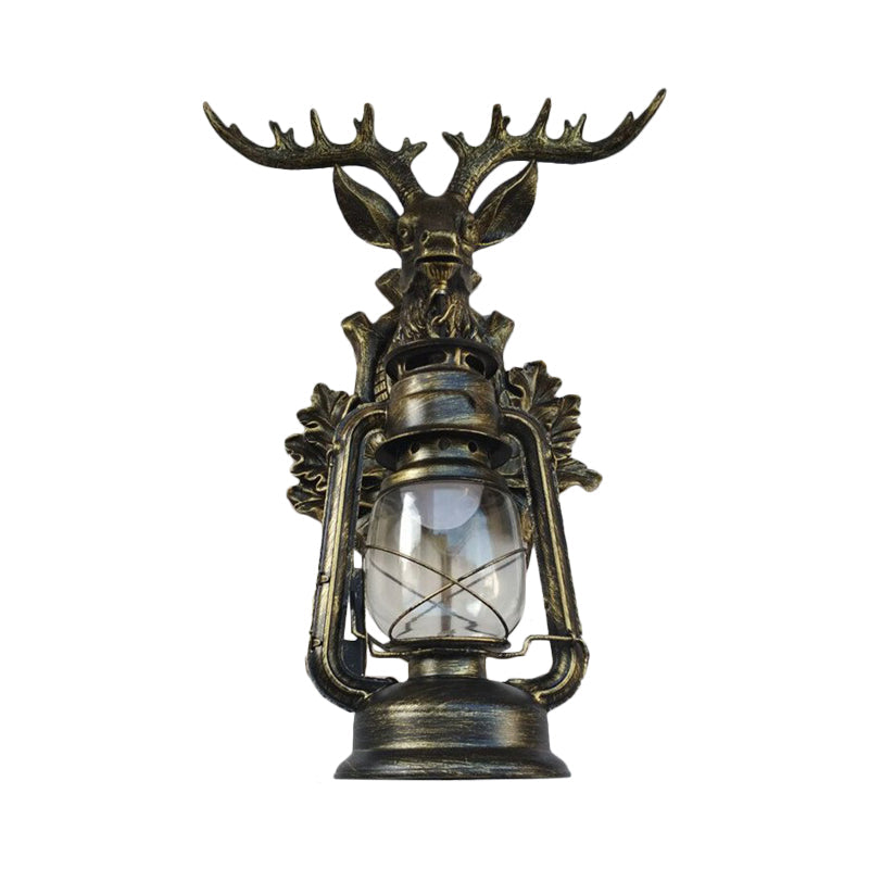 Single Flameless Kerosene Wall Lamp Rustic Style Brown/Bronze Transparent Glass Sconce with Resin Faux Elk Backplate Clearhalo 'Wall Lamps & Sconces' 'Wall Lights' Lighting' 1909051