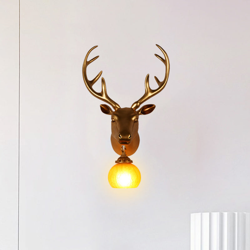 Resin Gold Sconce Lamp Straight/Curved Antler 1 Light Rustic Wall Mounted Lighting with Dome Amber Glass Shade Clearhalo 'Wall Lamps & Sconces' 'Wall Lights' Lighting' 1909052