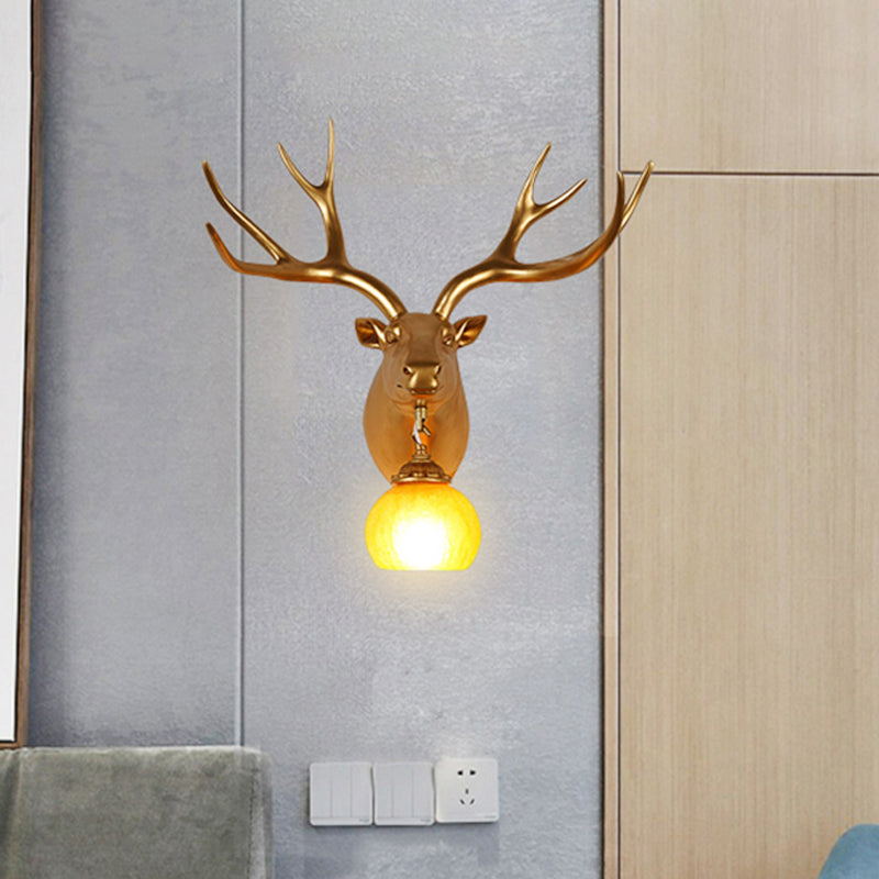 Resin Gold Sconce Lamp Straight/Curved Antler 1 Light Rustic Wall Mounted Lighting with Dome Amber Glass Shade Clearhalo 'Wall Lamps & Sconces' 'Wall Lights' Lighting' 1909057