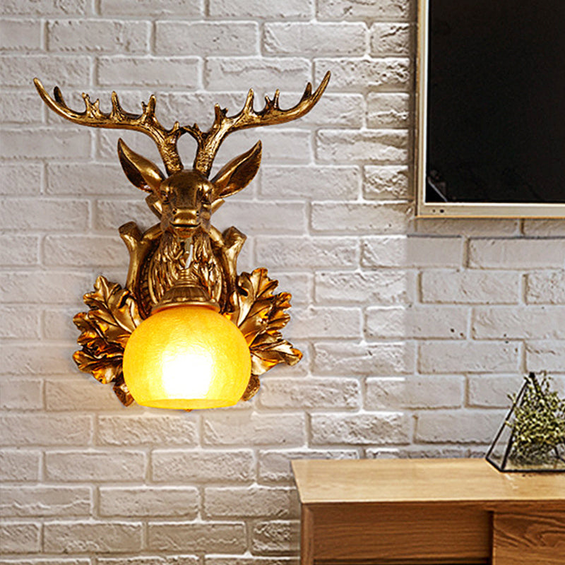 Dome Amber Glass Sconce Lighting Rural 1 Head Sitting Room Wall Mount Lamp with Gold Deer Head Backplate, 12