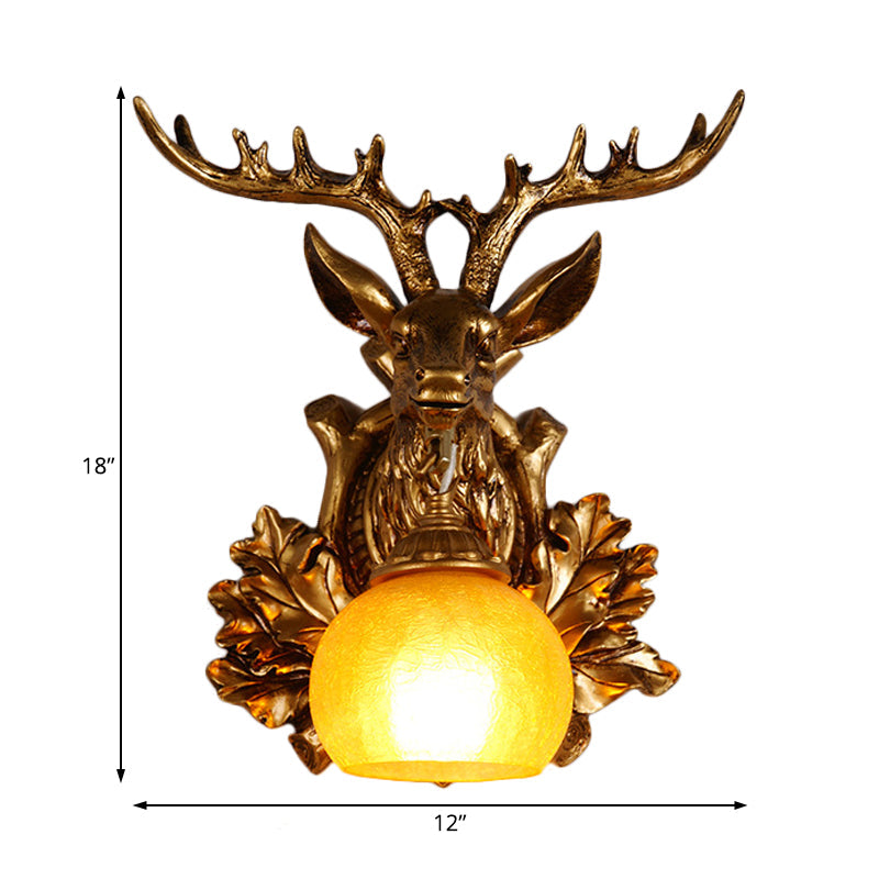 Dome Amber Glass Sconce Lighting Rural 1 Head Sitting Room Wall Mount Lamp with Gold Deer Head Backplate, 12