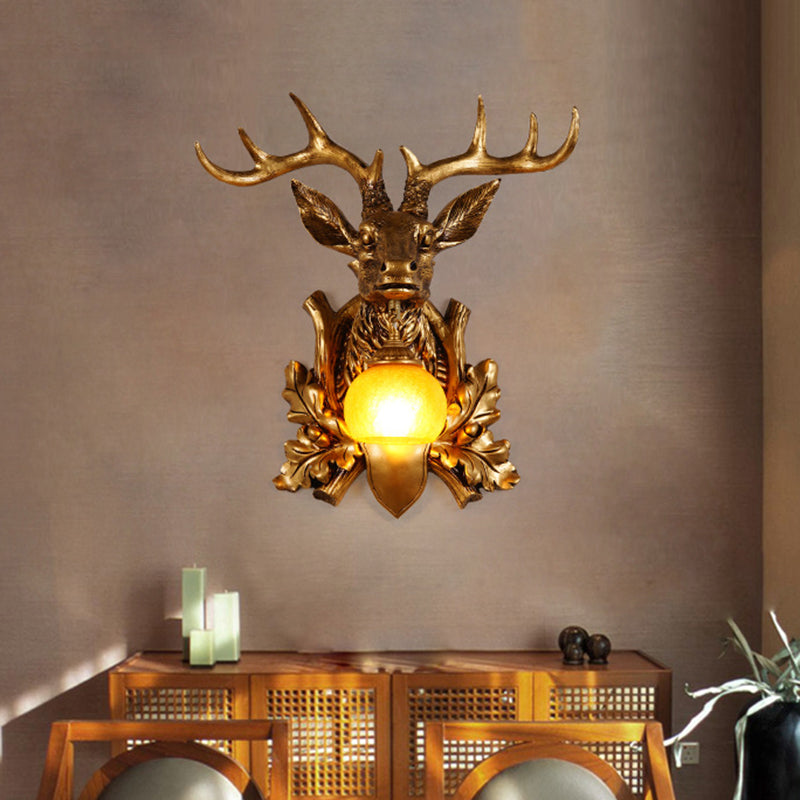 Dome Amber Glass Sconce Lighting Rural 1 Head Sitting Room Wall Mount Lamp with Gold Deer Head Backplate, 12