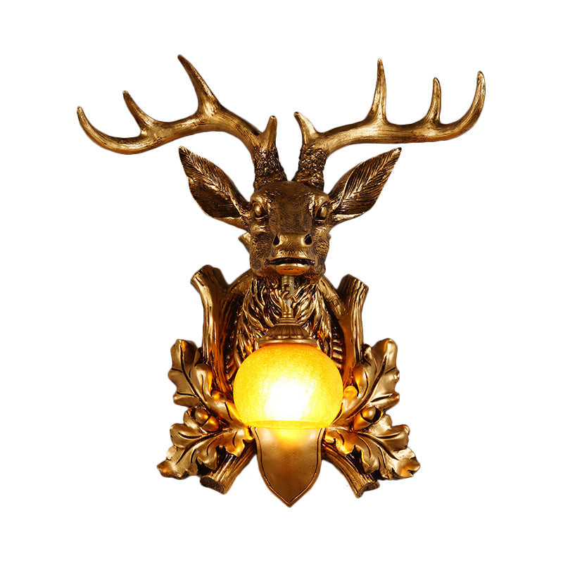 Dome Amber Glass Sconce Lighting Rural 1 Head Sitting Room Wall Mount Lamp with Gold Deer Head Backplate, 12