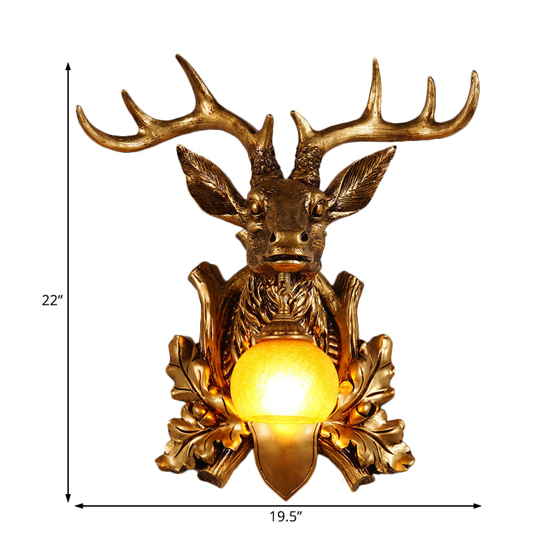 Dome Amber Glass Sconce Lighting Rural 1 Head Sitting Room Wall Mount Lamp with Gold Deer Head Backplate, 12