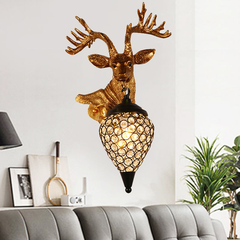 Sika Deer Head Dinette Sconce Ideas Countryside Resin Single Gold Wall Lamp Fixture with Teardrop Crystal Shade, Left/Right Clearhalo 'Wall Lamps & Sconces' 'Wall Lights' Lighting' 1909097