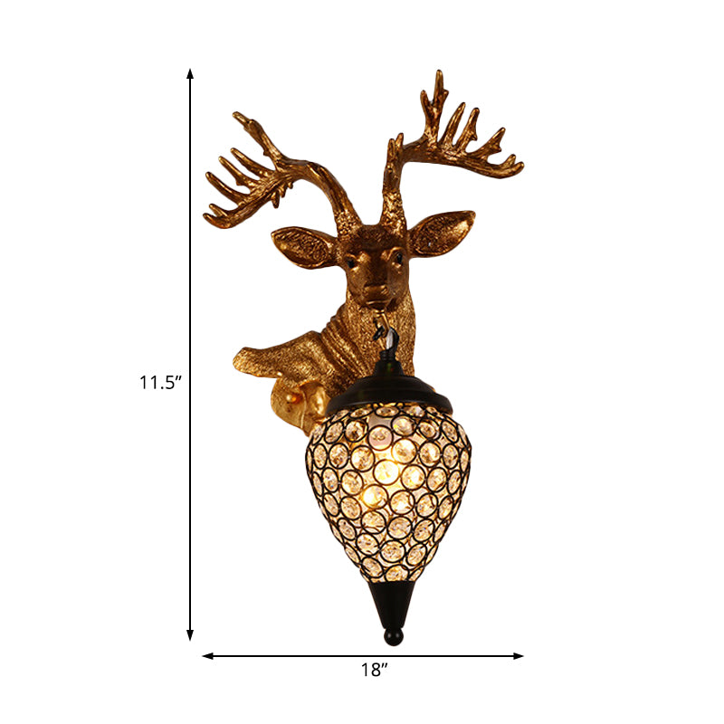 Sika Deer Head Dinette Sconce Ideas Countryside Resin Single Gold Wall Lamp Fixture with Teardrop Crystal Shade, Left/Right Clearhalo 'Wall Lamps & Sconces' 'Wall Lights' Lighting' 1909100