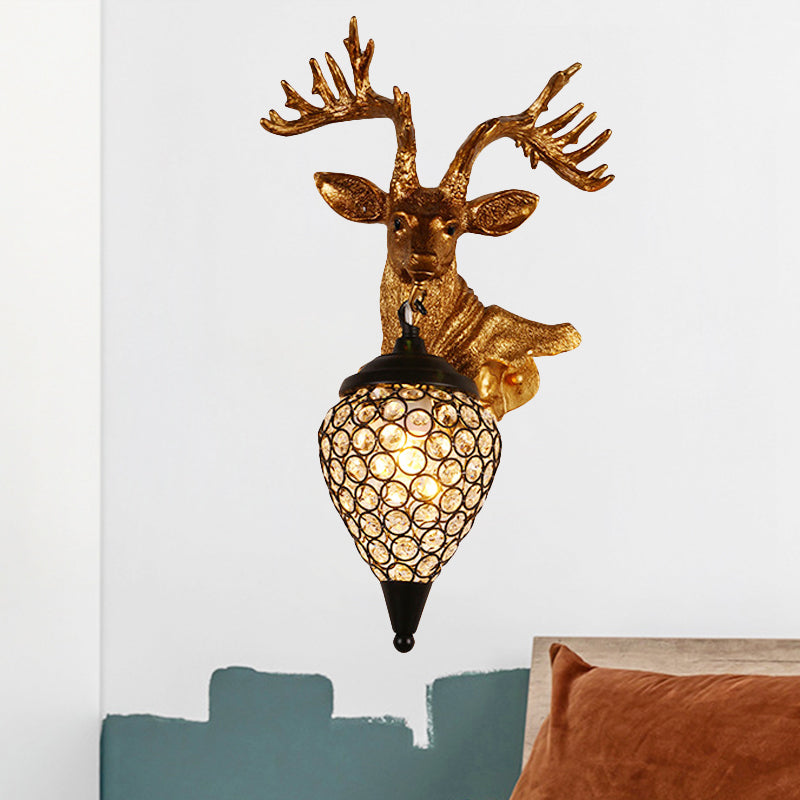 Sika Deer Head Dinette Sconce Ideas Countryside Resin Single Gold Wall Lamp Fixture with Teardrop Crystal Shade, Left/Right Gold Left Clearhalo 'Wall Lamps & Sconces' 'Wall Lights' Lighting' 1909101