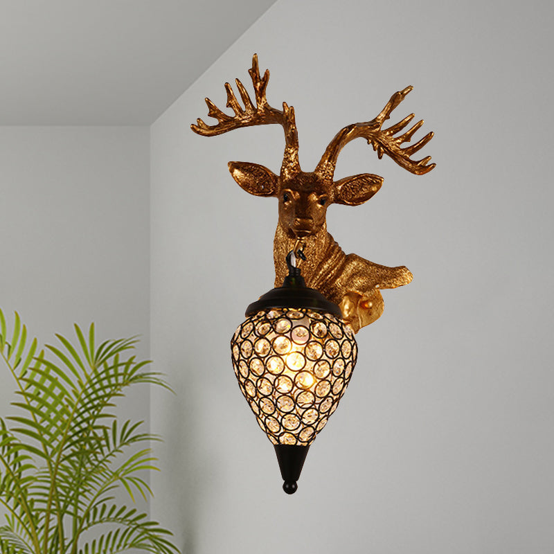 Sika Deer Head Dinette Sconce Ideas Countryside Resin Single Gold Wall Lamp Fixture with Teardrop Crystal Shade, Left/Right Clearhalo 'Wall Lamps & Sconces' 'Wall Lights' Lighting' 1909102