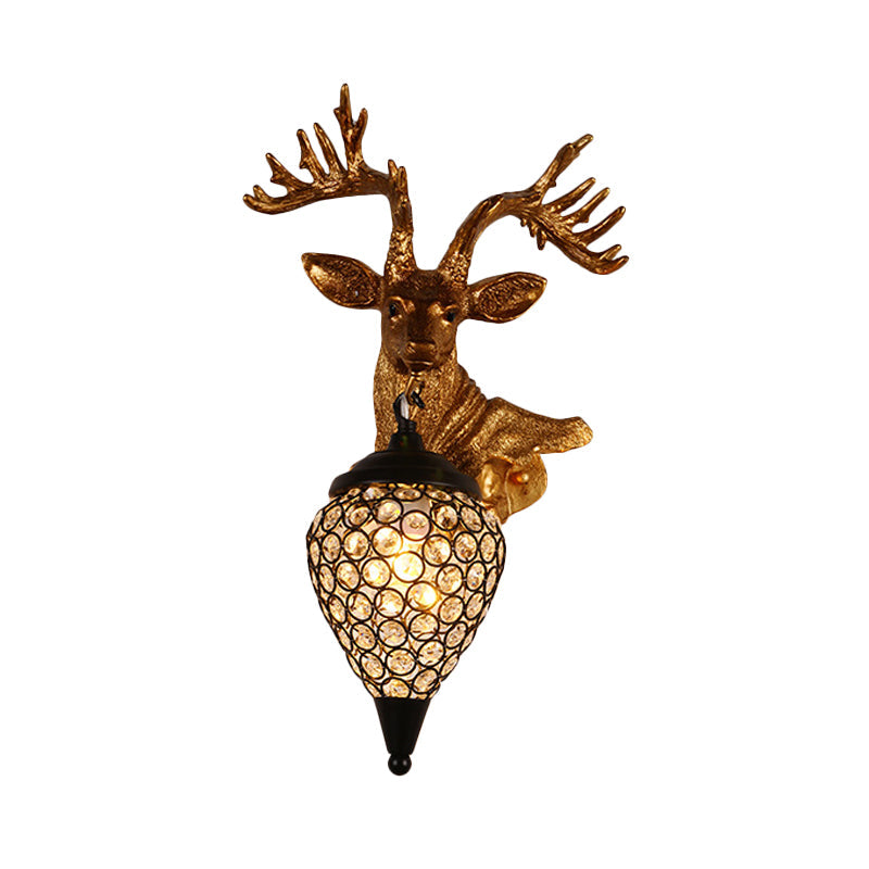 Sika Deer Head Dinette Sconce Ideas Countryside Resin Single Gold Wall Lamp Fixture with Teardrop Crystal Shade, Left/Right Clearhalo 'Wall Lamps & Sconces' 'Wall Lights' Lighting' 1909103