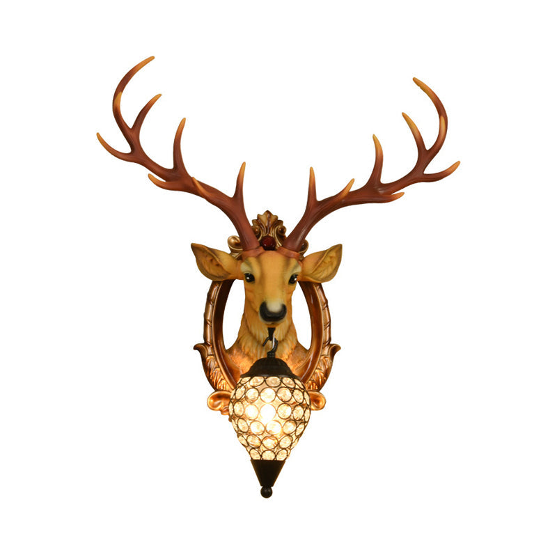 Single-Bulb Gridded Raindrop Sconce Countryside White/Yellow Crystal Wall Mounted Lamp with Resin Deer, 19.5