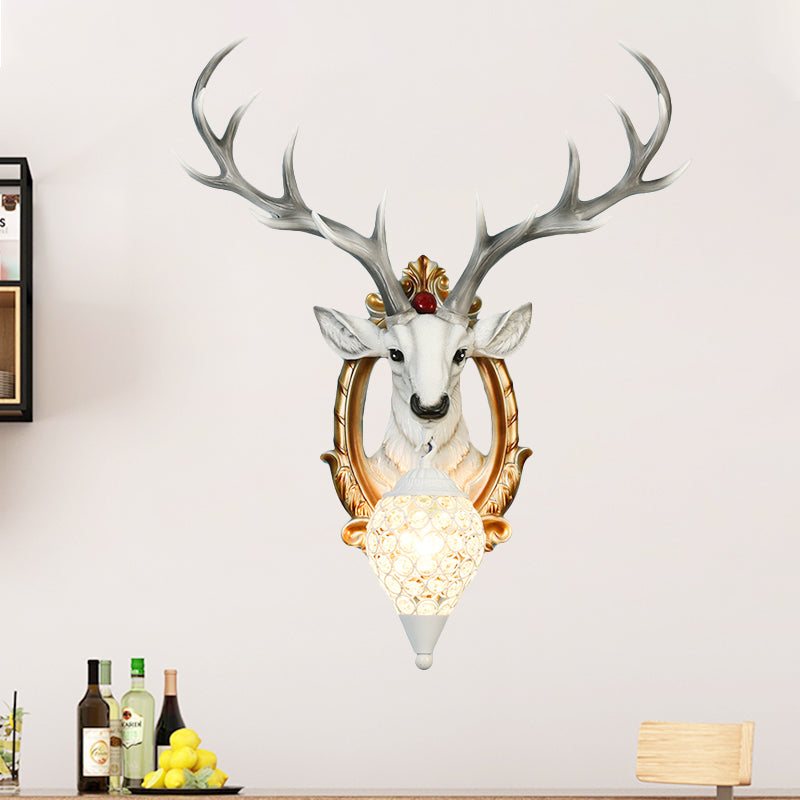 Single-Bulb Gridded Raindrop Sconce Countryside White/Yellow Crystal Wall Mounted Lamp with Resin Deer, 19.5