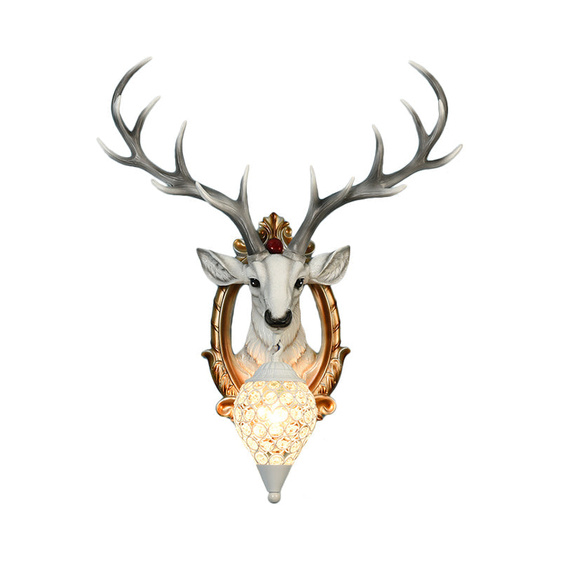 Single-Bulb Gridded Raindrop Sconce Countryside White/Yellow Crystal Wall Mounted Lamp with Resin Deer, 19.5