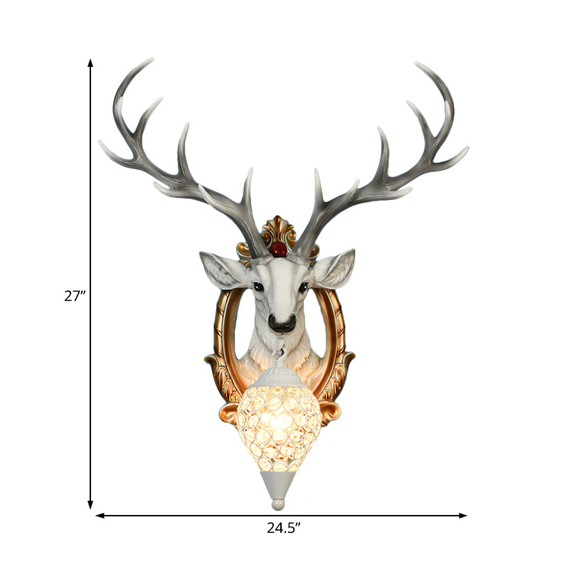 Single-Bulb Gridded Raindrop Sconce Countryside White/Yellow Crystal Wall Mounted Lamp with Resin Deer, 19.5