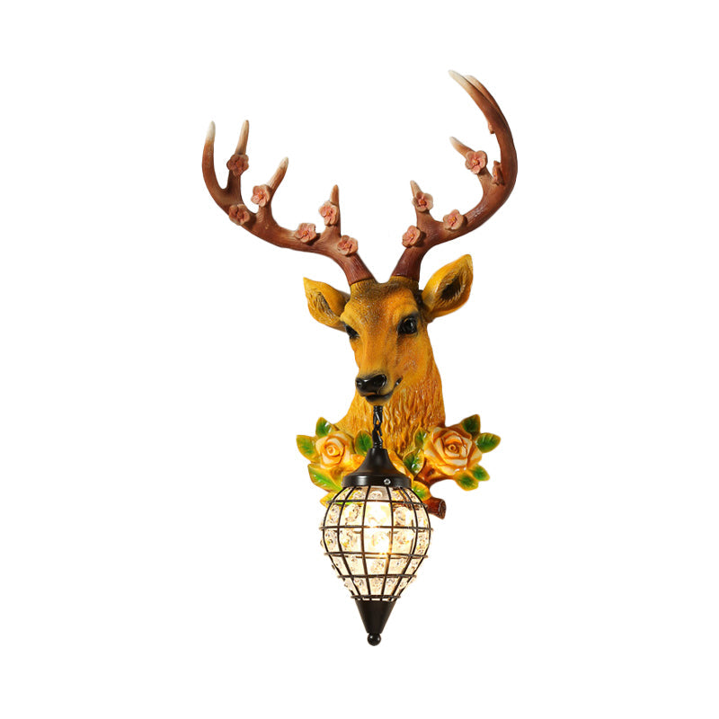 1-Light Elk Head Sconce Light Farmhouse Black/White/Black-Yellow Resin Wall Lamp with Flower Detail and Raindrop Crystal Shade Clearhalo 'Wall Lamps & Sconces' 'Wall Lights' Lighting' 1909174