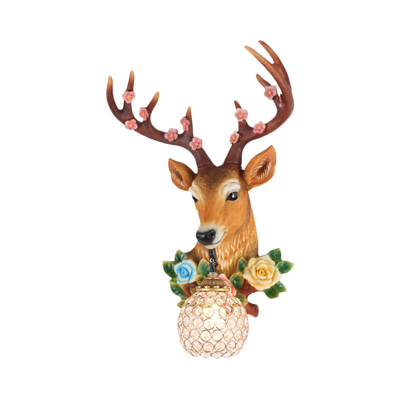 Rural Elk Head Sconce 1 Bulb Resin Wall Mounted Lighting in White/Wood with Flower Decor and Globe Crystal Shade, Left/Right Clearhalo 'Wall Lamps & Sconces' 'Wall Lights' Lighting' 1909183