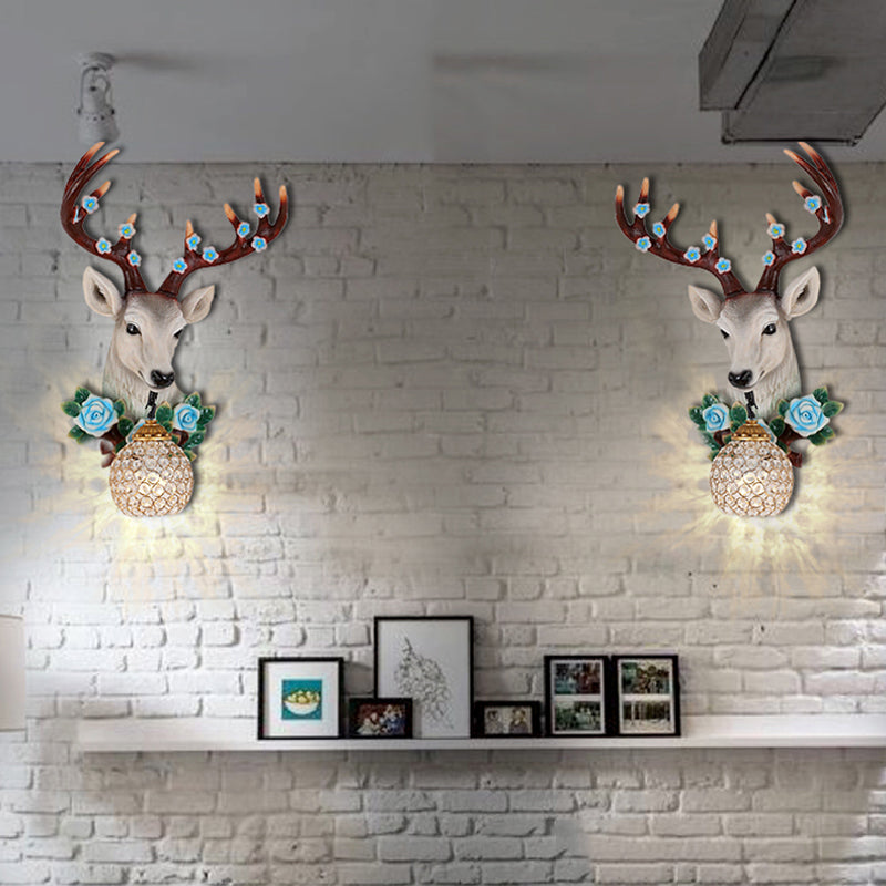 Rural Elk Head Sconce 1 Bulb Resin Wall Mounted Lighting in White/Wood with Flower Decor and Globe Crystal Shade, Left/Right Clearhalo 'Wall Lamps & Sconces' 'Wall Lights' Lighting' 1909184