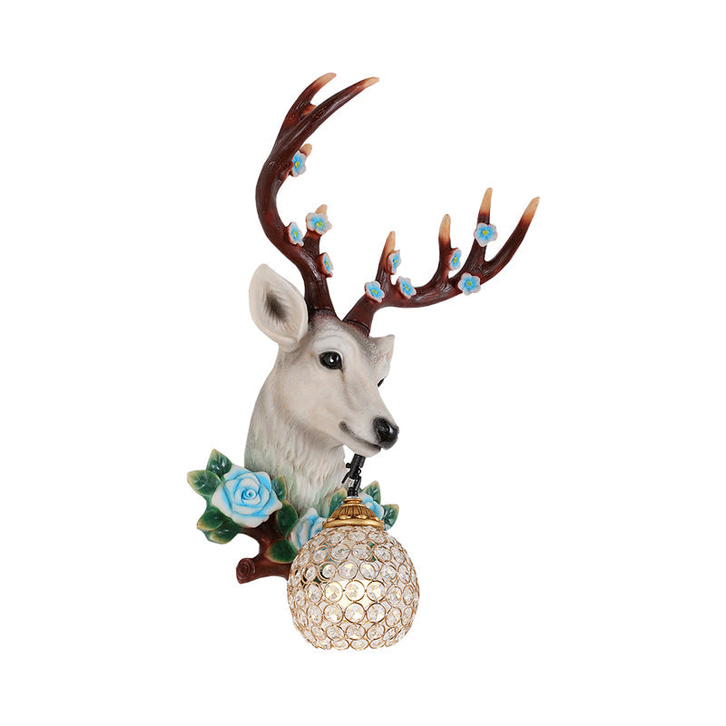 Rural Elk Head Sconce 1 Bulb Resin Wall Mounted Lighting in White/Wood with Flower Decor and Globe Crystal Shade, Left/Right Clearhalo 'Wall Lamps & Sconces' 'Wall Lights' Lighting' 1909187