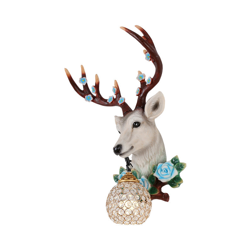 Rural Elk Head Sconce 1 Bulb Resin Wall Mounted Lighting in White/Wood with Flower Decor and Globe Crystal Shade, Left/Right Clearhalo 'Wall Lamps & Sconces' 'Wall Lights' Lighting' 1909190