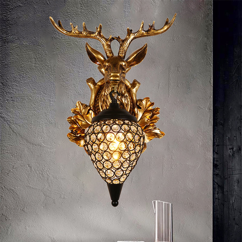 Brown/Gold 1 Bulb Sconce Fixture Farmhouse Teardrop Crystal Inlaid Wall Mount Lamp with Elk Head Backplate, 12