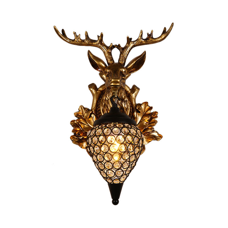 Brown/Gold 1 Bulb Sconce Fixture Farmhouse Teardrop Crystal Inlaid Wall Mount Lamp with Elk Head Backplate, 12