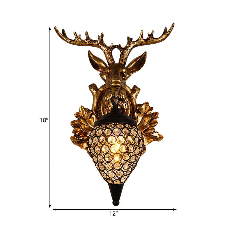 Brown/Gold 1 Bulb Sconce Fixture Farmhouse Teardrop Crystal Inlaid Wall Mount Lamp with Elk Head Backplate, 12