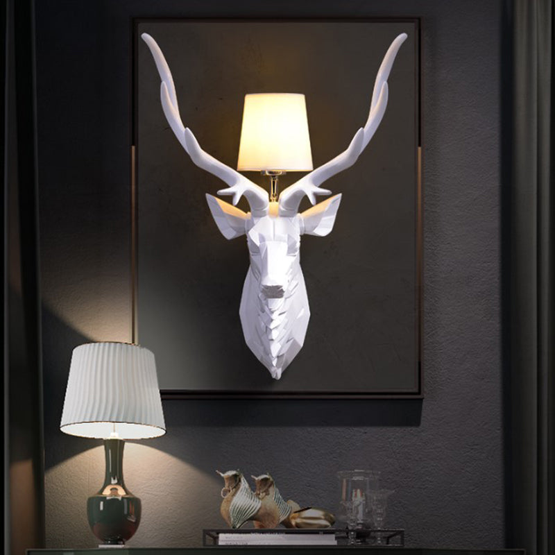 Resin White/Blue Sconce Ideas Engraved Deer 1 Light Rustic Style Wall Light Fixture with Cone Shade, 14.5