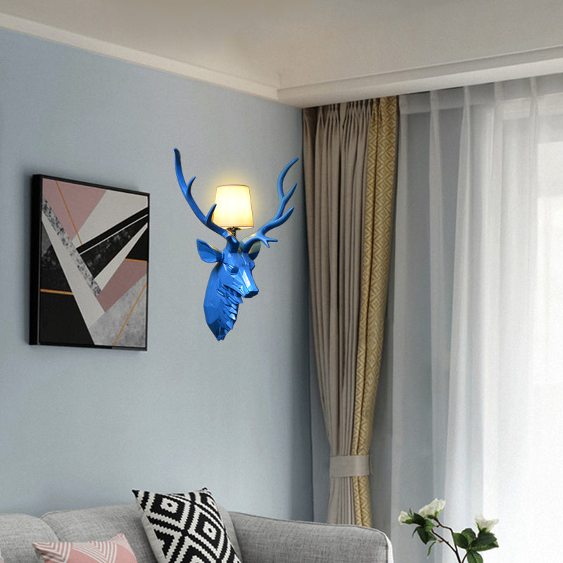 Resin White/Blue Sconce Ideas Engraved Deer 1 Light Rustic Style Wall Light Fixture with Cone Shade, 14.5