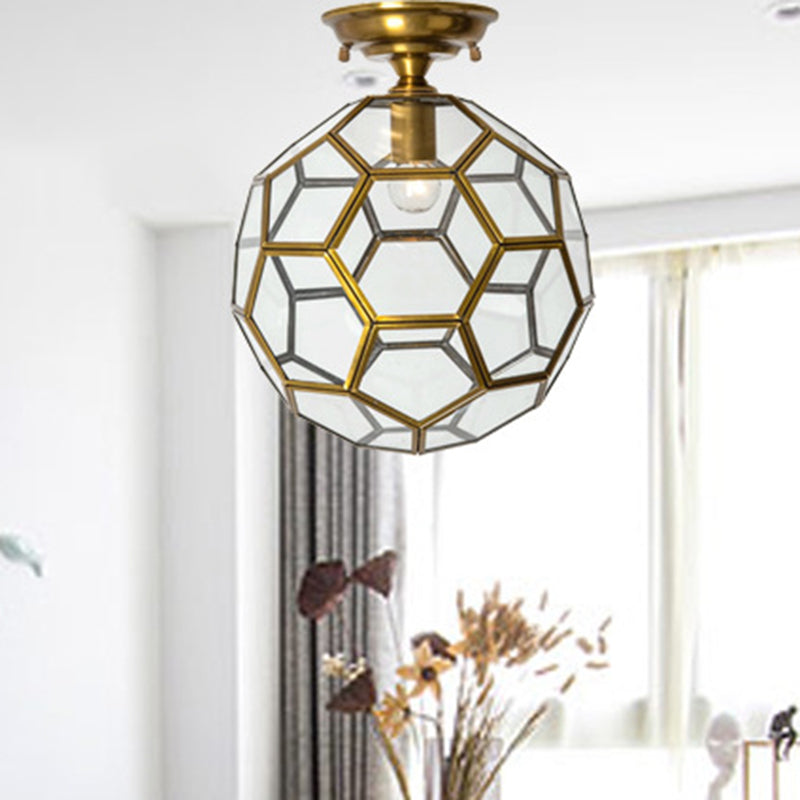 1 Head Flushmount Ceiling Lamp Traditional Faceted Sphere Clear/Cream/Textured White Glass Semi Flush Mount Light in Brass, 8