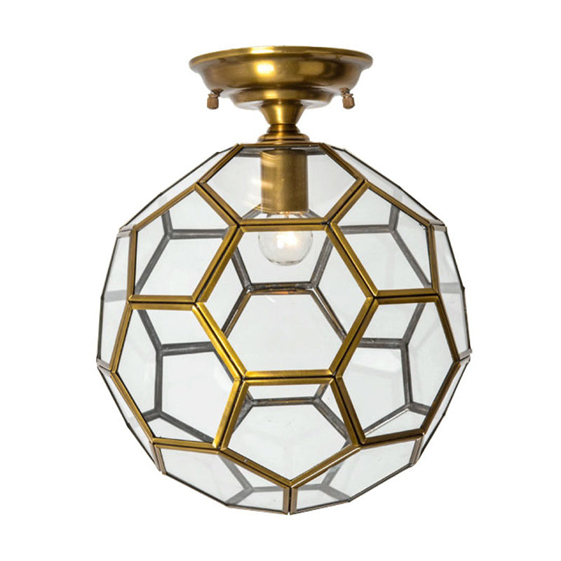 1 Head Flushmount Ceiling Lamp Traditional Faceted Sphere Clear/Cream/Textured White Glass Semi Flush Mount Light in Brass, 8