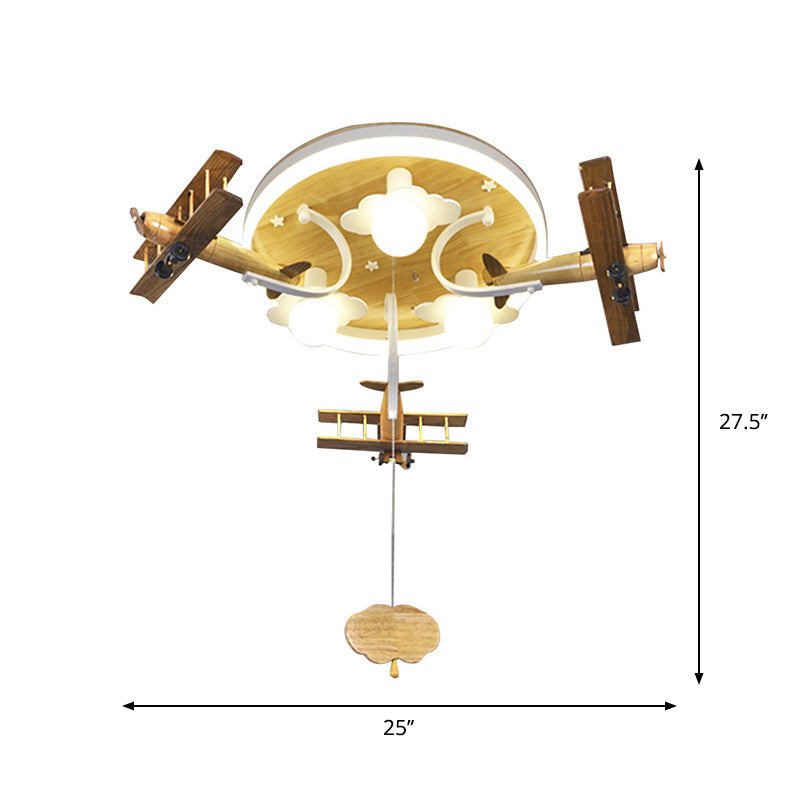 Yellow Cloud and Plane Flushmount Novelty Kids Style 3-Light Wood Ceiling Flush Light with Pulling Chain Clearhalo 'Ceiling Lights' 'Close To Ceiling Lights' 'Close to ceiling' 'Flush mount' Lighting' 1909357