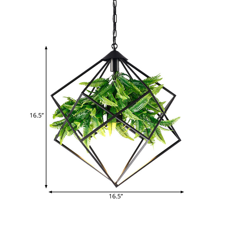 Diamond Cage Iron Drop Pendant Farmhouse 1 Head Tearoom Plant Hanging Light in Black, 16.5