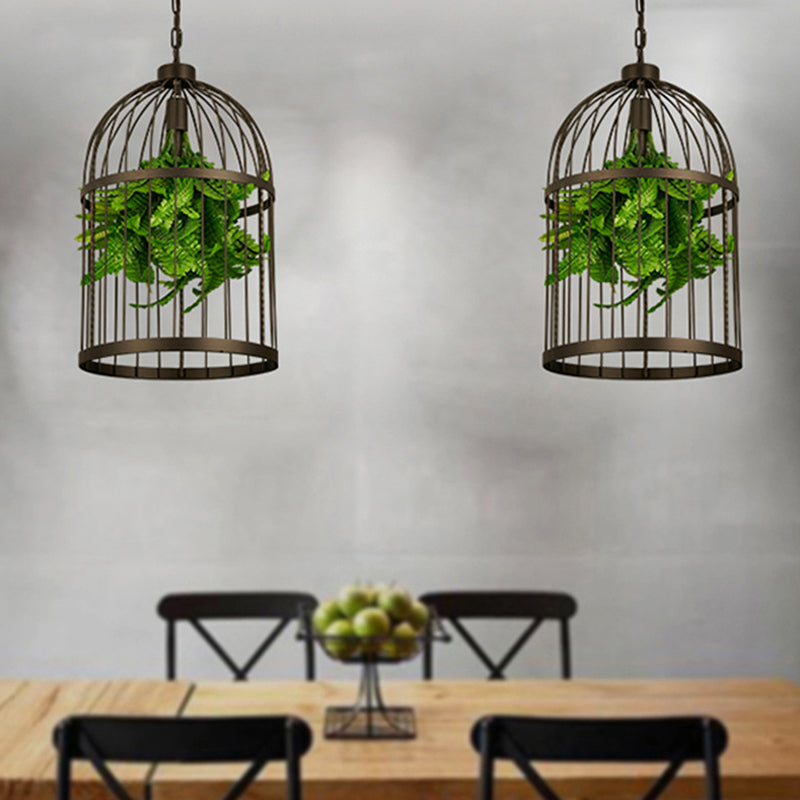 Single-Bulb Birdcage Hanging Lamp Industrial Black Iron Pendulum Light with Artificial Plant Clearhalo 'Art Deco Pendants' 'Black' 'Cast Iron' 'Ceiling Lights' 'Ceramic' 'Crystal' 'Industrial Pendants' 'Industrial' 'Metal' 'Middle Century Pendants' 'Pendant Lights' 'Pendants' 'Rustic Pendants' 'Tiffany' Lighting' 1909645